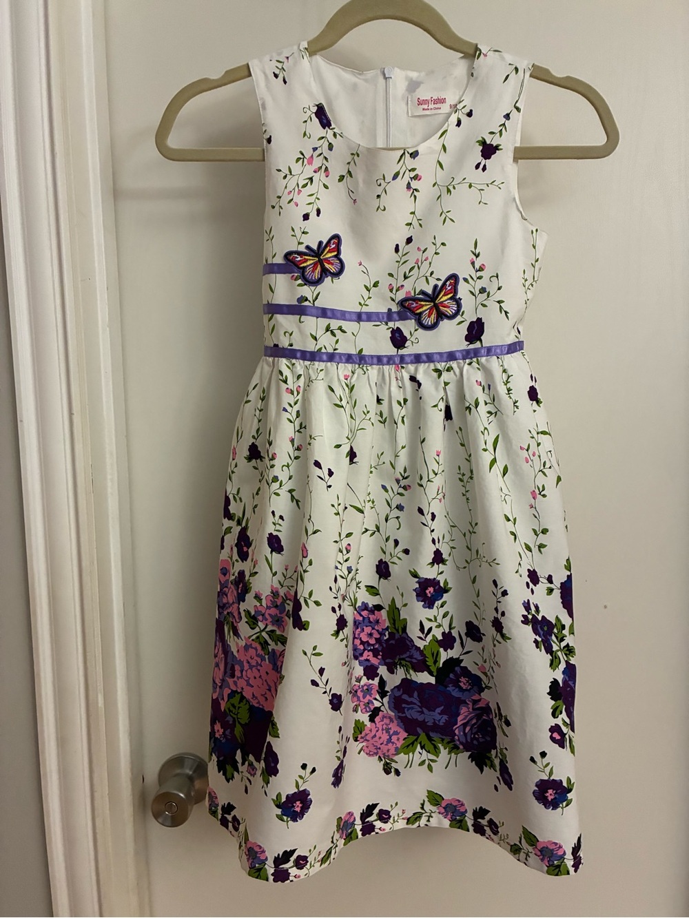 Girls White Floral Dress with Purple Ribbon and Butterfly Accents